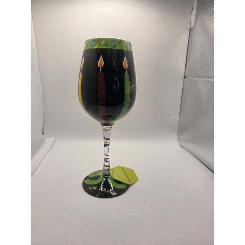 Lolita "50 and Fabulous" Love My Wine Glass Hand Painted Recipe Candles Confetti